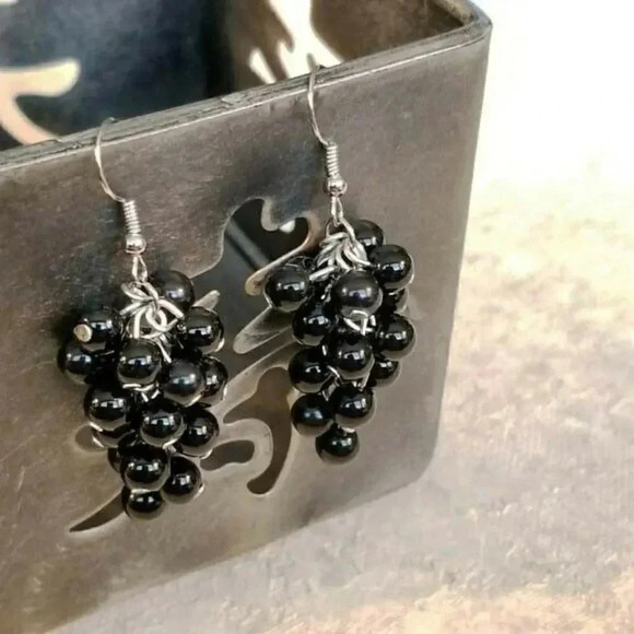 Hand Crafted Black Glass Pearl Beads Grape Cluster Cascade Earrings - Picture 1 of 1